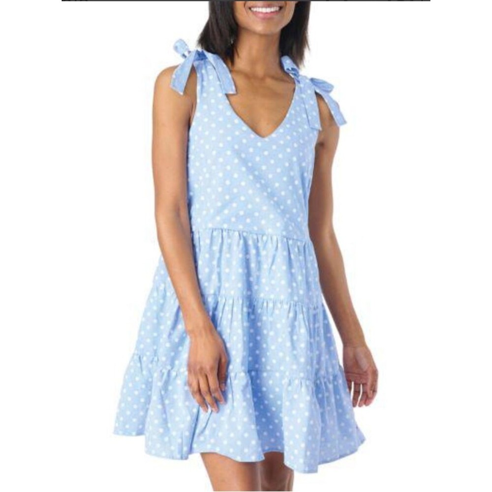 Gibsonlook French Blue Dot Tie Shoulder Tiered Mini Dress Medium NWT Cotton